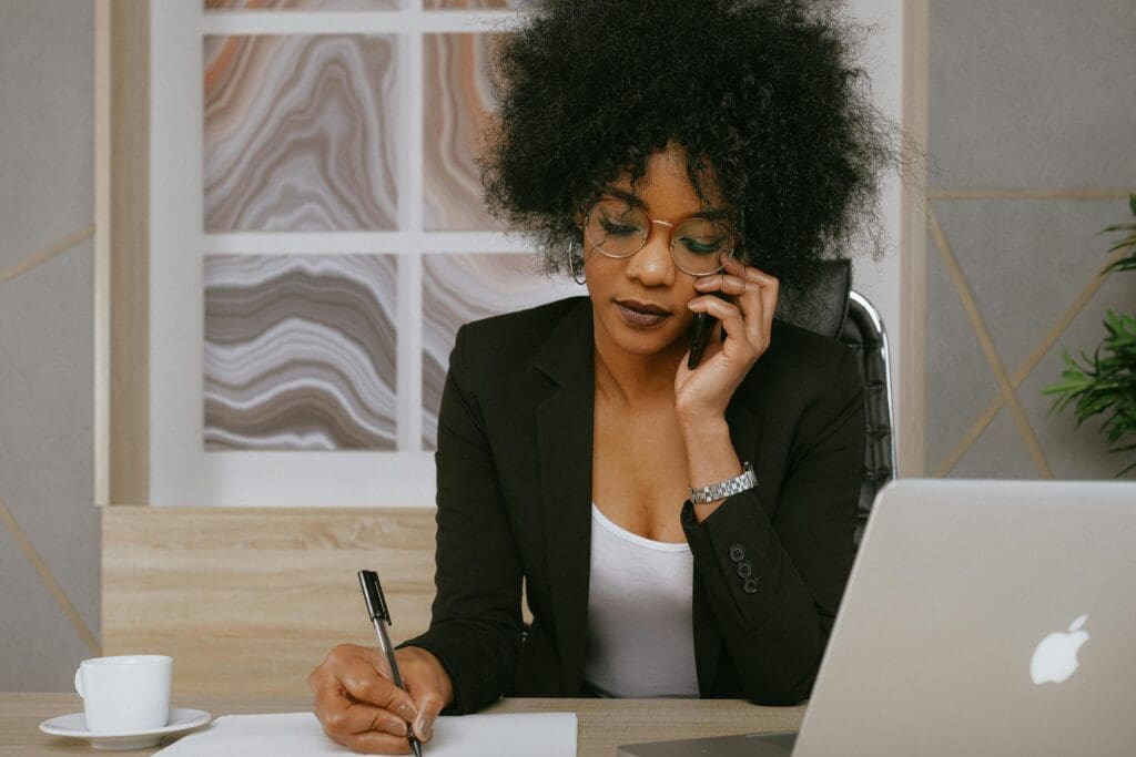 African American woman on a business call