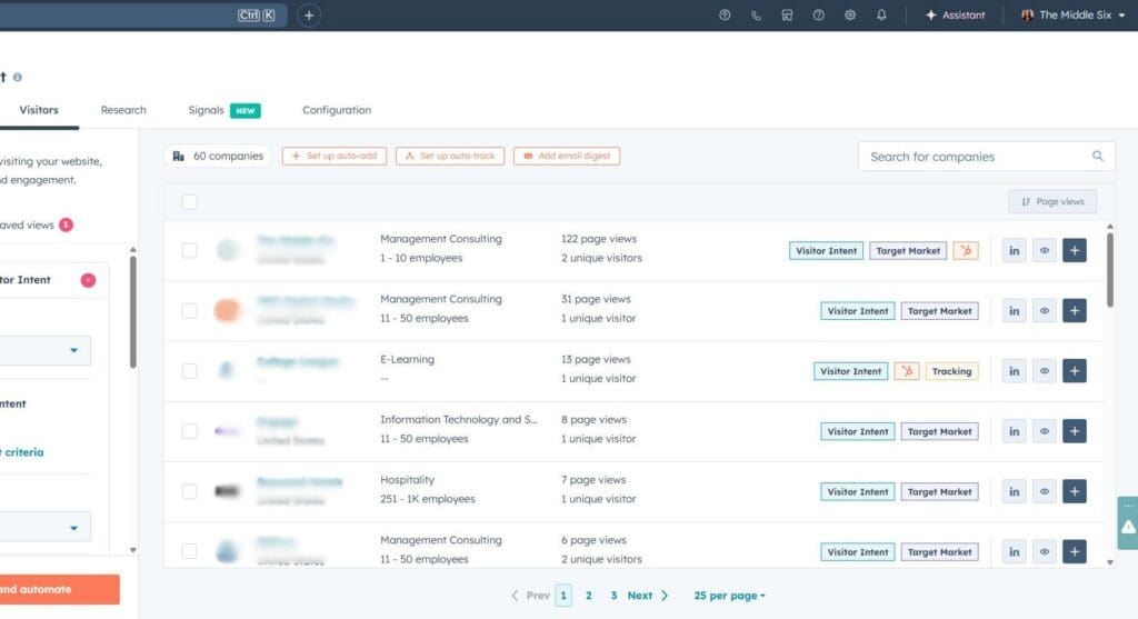 Screenshot of the visitors tab within the buyer intent feature in the HubSpot portal.