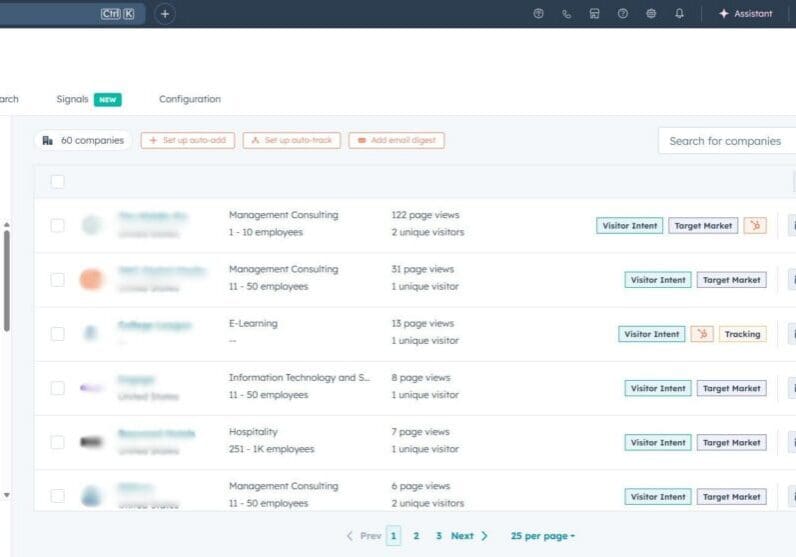 Screenshot of the visitors tab within the buyer intent feature in the HubSpot portal.