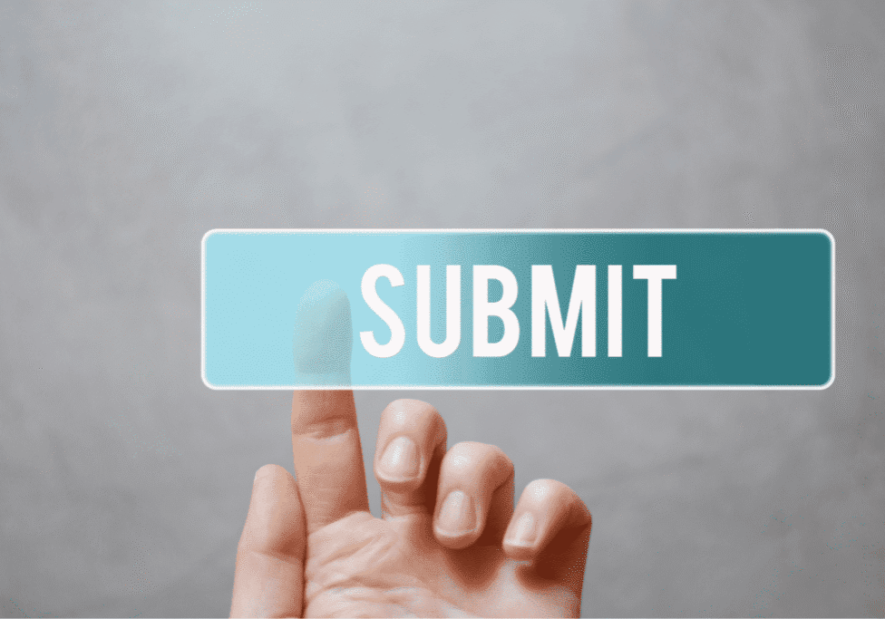 Lead follow-up best practices illustrated by a hand pressing a website form submit button