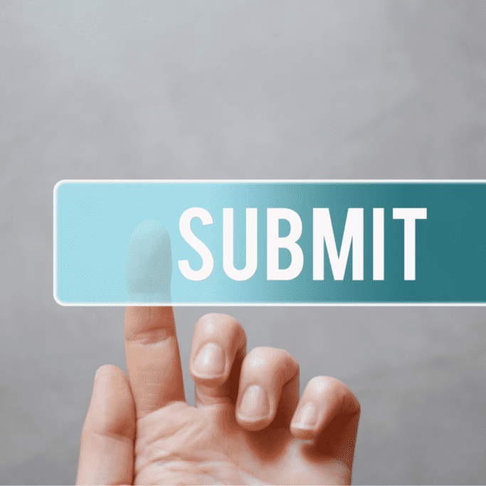 Lead follow-up best practices illustrated by a hand pressing a website form submit button